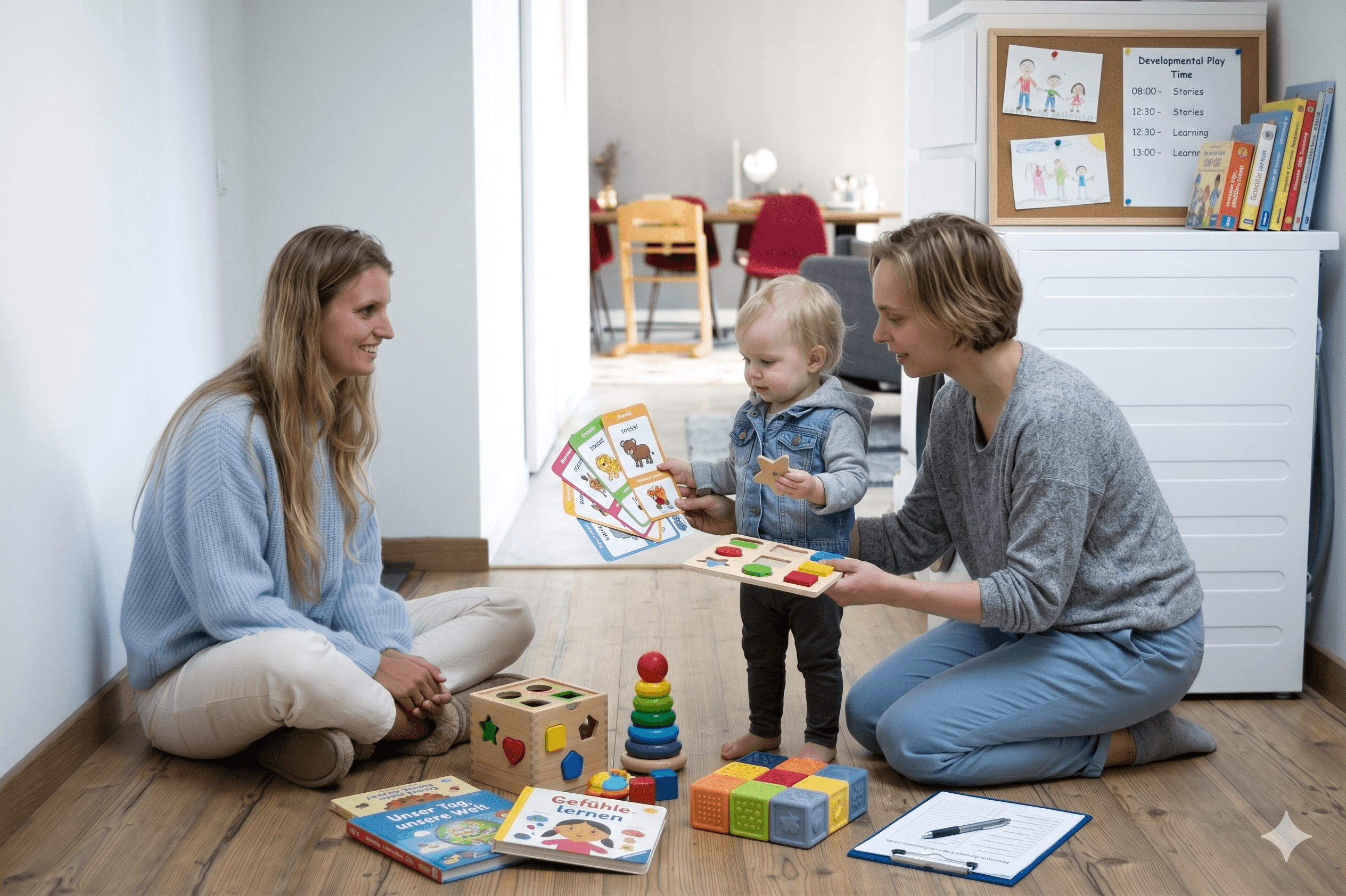 Fachkraft spielt mit Mutter und Kleinkind auf dem Boden
